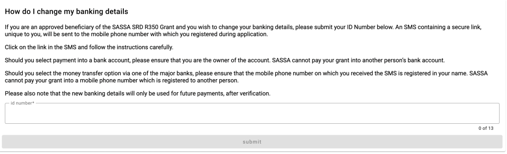 Srd.Sassa.Gov.Za Banking Details Submission