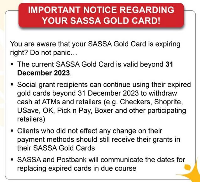 Postbank on SASSA gold cards not expiring